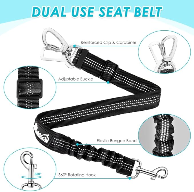 SlowTon Dog Seat Belt Harness for Car, Dog Car Harness Adjustable Mesh Breathable & Dog Seatbelt Safety Tether with Elastic Bungee for Small Medium Large Pets(Light Blue, Double Clip, M)-Mewly Pet