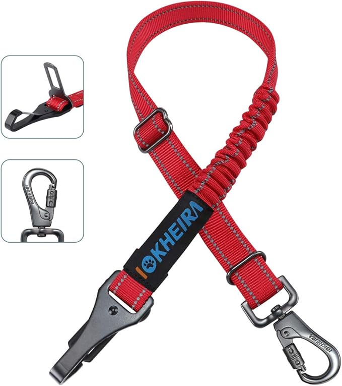 IOKHEIRA Dog Seat Belt 3-in-1 Car Harness for Dogs Adjustable Safety Seatbelt for Car Durable Nylon Reflective Bungee Fabric Tether with Clip Hook Latch & Buckle, Swivel Zinc Alloy Carabiner Red-Mewly Pet