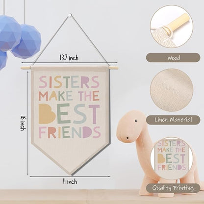 Cute Girl Decor Canvas Banner, Girls Room Decor, Flags for Bedroom Girls, Bedroom Playroom Wall Art Decorations, Boho Twin Sign, Siblings Room Hanging Pennant Flag Banner
