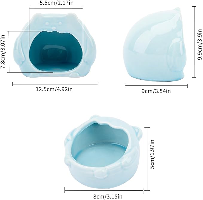 Bear-Shaped Hamster Hideout & Food Bowl Set - Ceramic Habitat for Syrian Dwarf Hamsters, Mice, Gerbils - All-Season Use, Chew-Proof Ceramic House and Feeding Dish for Small Pets(Blue)-Mewly Pet