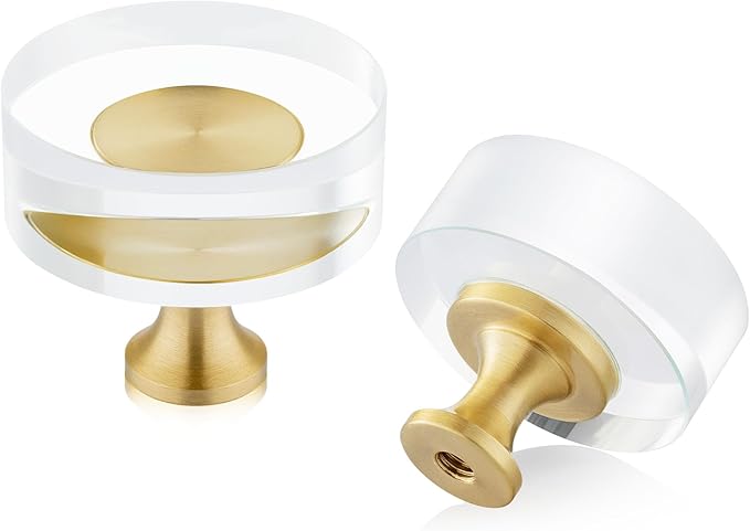 QOGRISUN 2-Pack Brass Crystal Cabinet Knobs,Glass Crystal Gold Drawer Knobs,1-1/4-Inch Round, Decorative Dresser Pulls, Modern Cabinet Hardware
