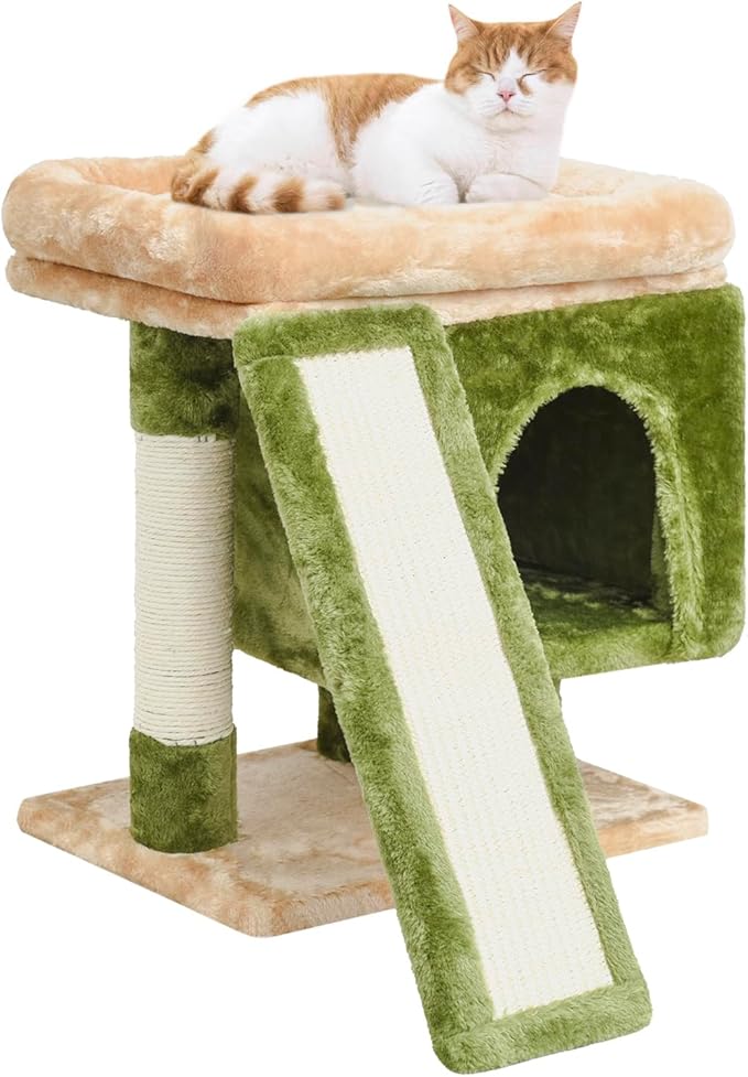SYANDLVY Small Cat Tree for Indoor Cats, Cat Tower with Scratching Post, Modern Activity House for Large Cats, Condo with Board, Kittens Cave-Mewly Pet