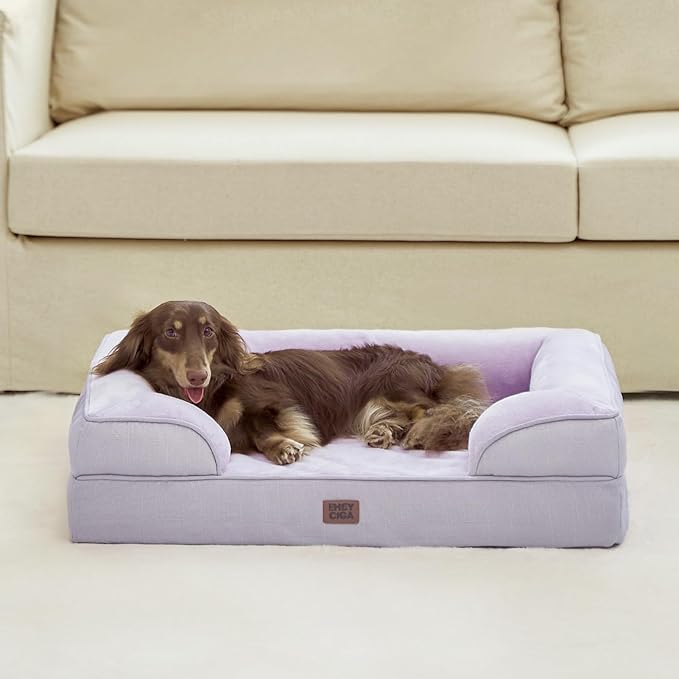 EHEYCIGA Orthopedic Dog Beds for Large Dogs, Waterproof Memory Foam Large Pet Bed with Sides, Non-Slip Bottom and Egg-Crate Foam Dog Couch Bed with Washable Removable Cover, Lilac-Mewly Pet