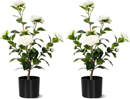Artificial Camellia Tree 2 Pack, Artificial Plants Outdoor Faux Floral Plant in Cement Pot Fake Silk Camellia Tree Plants for Home House Living Room Office Decor