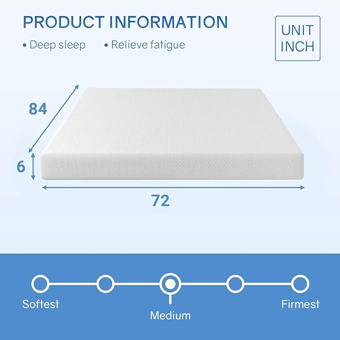 PayLessHere 6 inch Memory Foam Mattress Cooling Gel Green Tea Infused Mattress,Fiberglass Free,CertiPUR-US Certified,Cooler Sleep Supportive & Pressure Relief,White California King