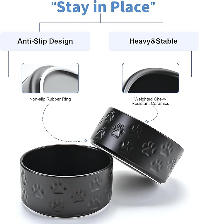SPUNKYJUNKY Ceramic Dog and Cat Bowls 2 Pack, 5.1'' Dog and Cat Food Water Double Feeding Bowls Non-Slip for Cats and Puppy Small Sized Breed Dogs Microwave Dishwasher Safe - 13.5 OZ, 2pcs, Paw Black-Mewly Pet