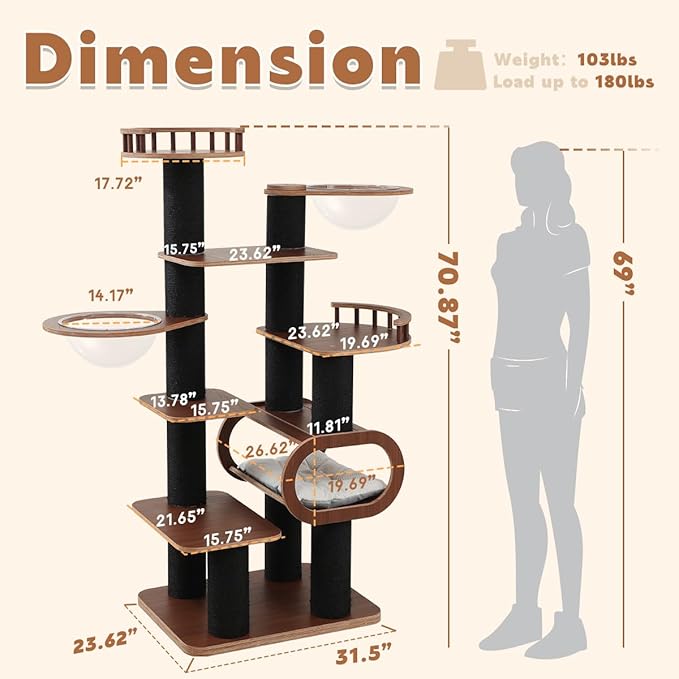 70.9'' Black Cat Tree for Indoor Cats Large Adult, Heavy Duty Cat Tower with Scratching Post, Modern Kitty Tree with Removable Mats, Semi-closed Condo and Transparent Bowl, Wooden Luxury Cat Furniture-Mewly Pet