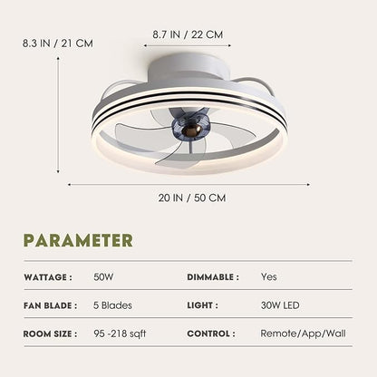 Ceiling Fans with Lights, 360° Rotating Ceiling Fan with Lights and Remote, 6 Wind Speeds Smart Flush Mount Ceiling Fan for Bedroom, Dining Room and Kitchen 20"