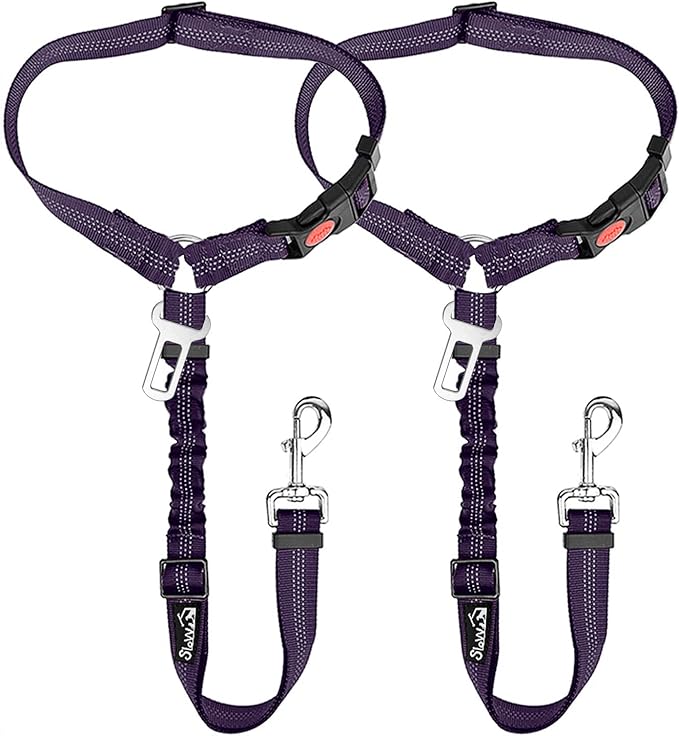 SlowTon Dog Seat Belt for Car, 2 Pack Dog Car Harness Seatbelt Adjustable with Elastic Bungee Buffer, 2 in 1 Pet Car Leash Headrest Restraint Dog Reflective Safety Tether (Purple, Headrest+Clip)-Mewly Pet