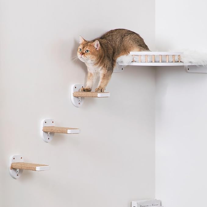 3pcs Wall Mounted Cat Steps, Climbing Furniture, Shelves With Hemp Rope Covered, Solid Wood Ladder for Playing and Climbing (Standard-White)-Mewly Pet