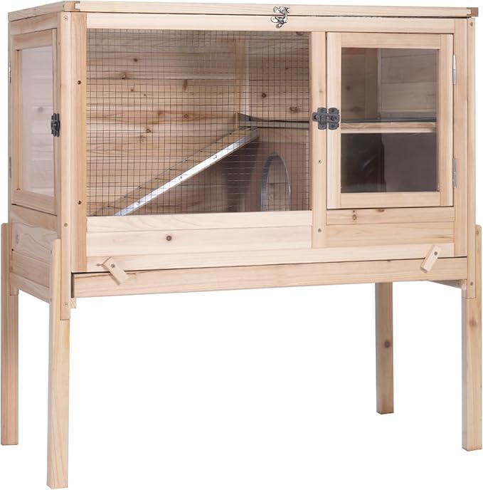 GUTINNEEN Rabbit Hutch Indoor Guinea Pig Cage Bunny House 36.6" Upgraded with Anti Chewing Edges, Cool Zinc Sheet, Leakproof PVC Layer, Wire Floor, Detachable Legs (Nature)-Mewly Pet