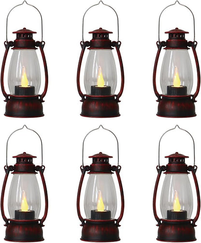 Red Painted Mini Lanterns 6-Pack - LED Flickering Candle Lanterns for Christmas & New Year, Valentine's, Wedding, Halloween & Western Party Decor, Table Centerpieces & Cowgirl Party Supplies