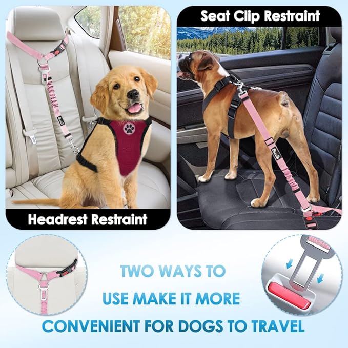 SlowTon Dog Seat Belt for Car, 2 Pack Dog Car Harness Seatbelt Adjustable with Elastic Bungee Buffer, 2 in 1 Pet Car Leash Headrest Restraint Dog Reflective Safety Tether (Pink, Headrest+Clip)-Mewly Pet