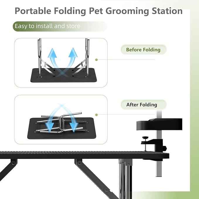 VFK 47'' Large Dog Grooming Table Stainless Steel Foldable Grooming Table for Dogs at Home Adjustable Height Arms Pet Station with Nooses, Mesh Tray, Tool Organizer-Mewly Pet