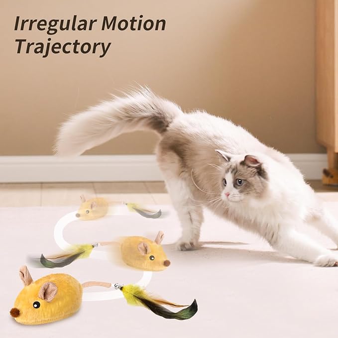 Interactive Cat Toys Mouse for Indoor Cats Rechargeable Cat Toy Mouse Toy Feather Bell Tail Lifelike Electric Automatic for All Breeds Boredom Exercise-Yellow-Mewly Pet