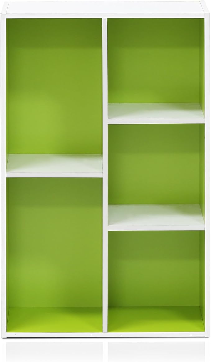 Furinno LUDER Book Shelf, 5-Cube Bookshelf, Reversible Bookcase, 9.4" x 19.5" x 31.5", for Living Room, Bedroom, Home Office, White/Green