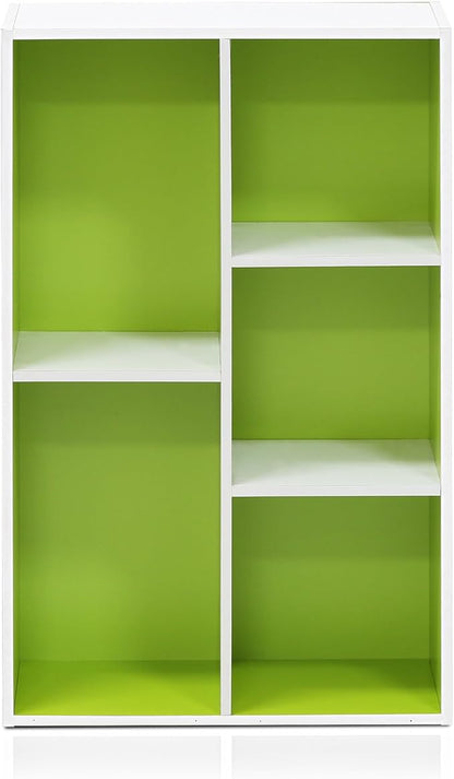 Furinno LUDER Book Shelf, 5-Cube Bookshelf, Reversible Bookcase, 9.4" x 19.5" x 31.5", for Living Room, Bedroom, Home Office, White/Green
