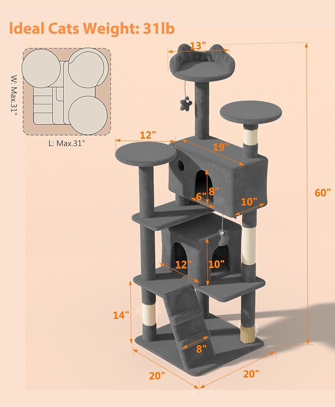 60" Cat Tree Tower for Indoor Cats Large Adult,Cute/Tall Modern Cat Tree for Big Cats 20 lbs, Plush Multi-Level Cat Condo with Scratching Posts,Dangling Ball (Smoky Gray, 60 inch)-Mewly Pet