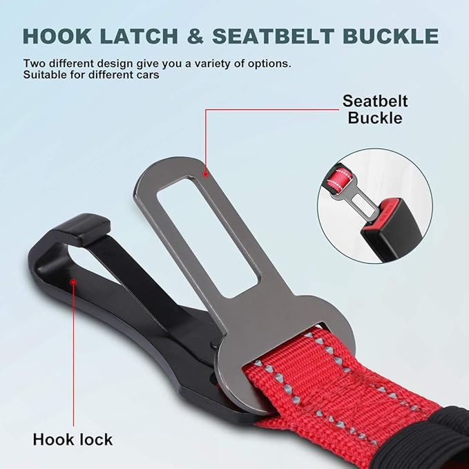 IOKHEIRA Dog Seat Belt 3-in-1 Car Harness for Dogs Adjustable Safety Seatbelt for Car Durable Nylon Reflective Bungee Fabric Tether with Clip Hook Latch & Buckle, Swivel Zinc Alloy Carabiner Red-Mewly Pet