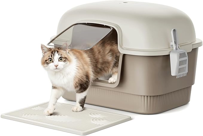 Cat Litter Box with Litter Mat and Scoop,High Wall Enclosed Cat Litter Boxes for Anti-Leakage, Covered Kitty Litter Box with Handle and Buckles for Portability and Privacy, Odor Control (Brown)-Mewly Pet