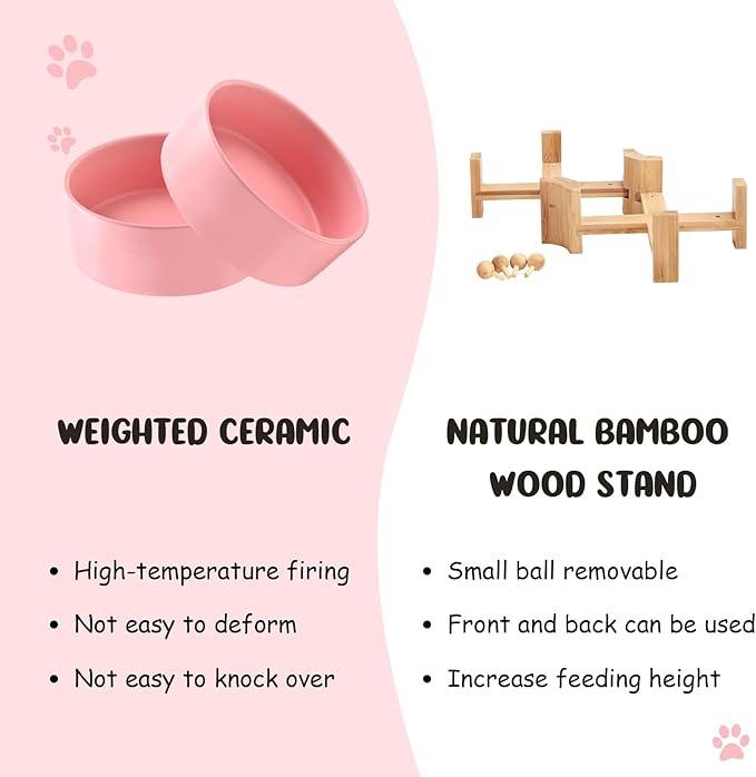 SPUNKYJUNKY 15° Slanted Ceramic Dog and Cat Bowl with Wooden Stand, Tilted Bulldog Food and Water Bowl No Slip Non-Spill for Cats Medium Dogs Big Face Pets 13.5 OZ (1.7 Cups, Pink × 2)-Mewly Pet