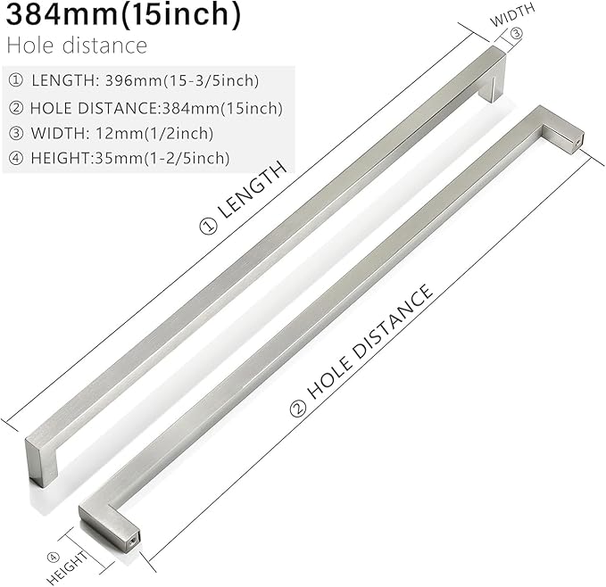 Cabinet Pulls Brushed Nickel Cabinet Handles Square Drawer Pulls, 5 Pack 15 Inch Stainless Steel Kitchen Door Cupboard Cabinet Handles, Cabinet Hardware Drawer Handles, 384mm Hole Centers