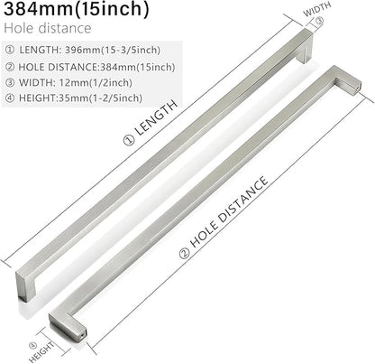 Cabinet Pulls Brushed Nickel Cabinet Handles Square Drawer Pulls, 5 Pack 15 Inch Stainless Steel Kitchen Door Cupboard Cabinet Handles, Cabinet Hardware Drawer Handles, 384mm Hole Centers