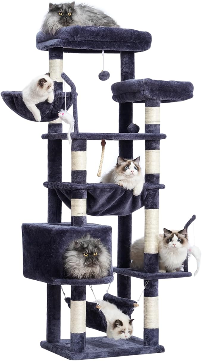 Cat Tree, Cat Tower for Large Cats with 2 Big Platforms, 2 Baskets, condo and Toys, 63" Cat Scratching Posts for Indoor Cats, Smoky Gray GCT020G-Mewly Pet