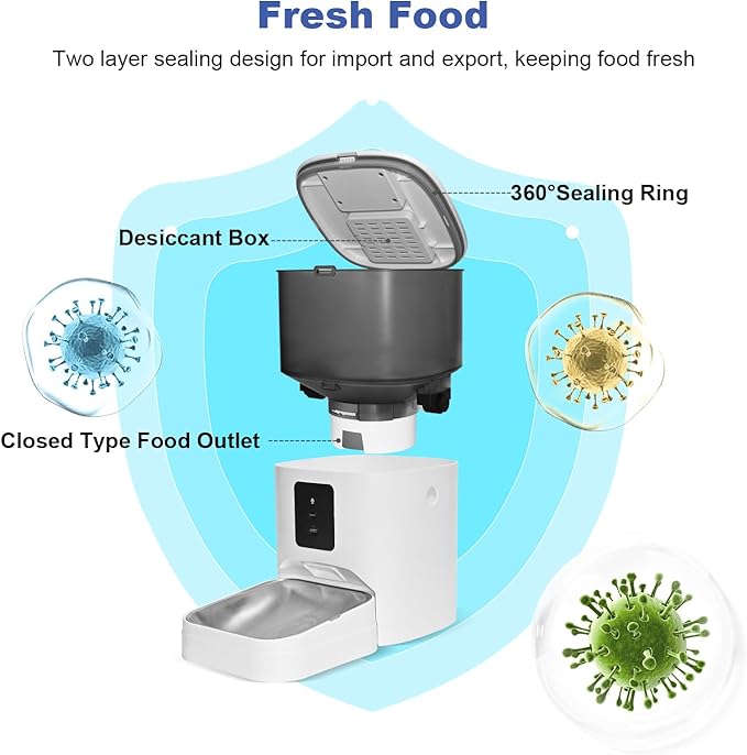 2.4G WiFi Automatic Cat Feeder, 4L Food Dispenser with 10s Voice Recorder, Pet Feeder up to 10 Meals per Day, Timed Cat Feeder with Dry Food Sealed Ring (White, 4L-WiFi)-Mewly Pet