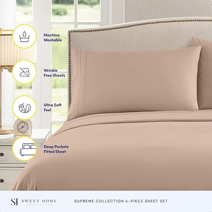 Queen Size Bed Sheets - Breathable Luxury Sheets with Full Elastic & Secure Corner Straps Built In - 1800 Supreme Collection Extra Soft Deep Pocket Bedding Set, Sheet Set, Queen, Taupe