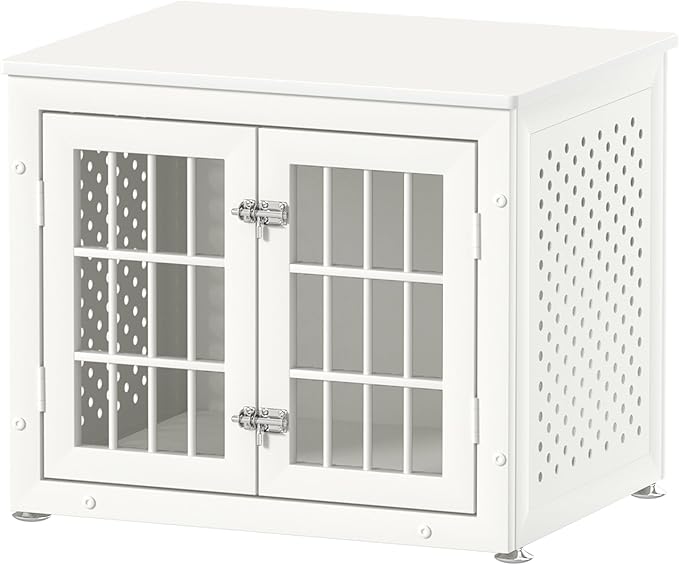 26" Heavy Duty Dog Crate Furniture for Small Dogs, Metal Kennel for High Anxiety Dogs, Chew Proof Pet Cage Indoor, Decorative Dog Kennel End Table, White-Mewly Pet