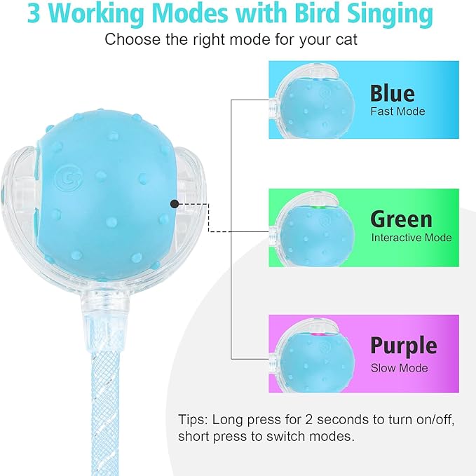 Interactive Cat Toys Ball for Indoor Cats, Automatic Agile Rolling Cat Ball with Elastic Mesh Tail, Bird Chirping & Motion Activated, 2 Tail Accessories, Kitten Toy for Bored (Blue)-Mewly Pet