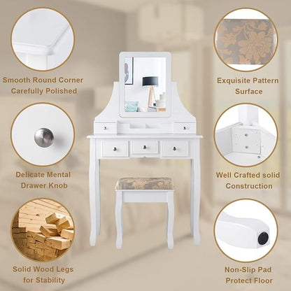 CHARMAID Makeup Vanity Set with Mirror and Cushioned Stool, Dressing Table with 5 Drawers and Removable Storage Organizers, Bedroom Makeup Table with Stool for Women Girls (White)