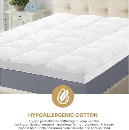 Superior Mattress Topper, Down Alternative, 2 Inch Deep Sized Bed Pillow Top, Comfort Pad, Fluffy Mattress-Topper Protector, Plush Cooling Extra Soft, Hotel Quality, Sleep, All-Season, Queen, White