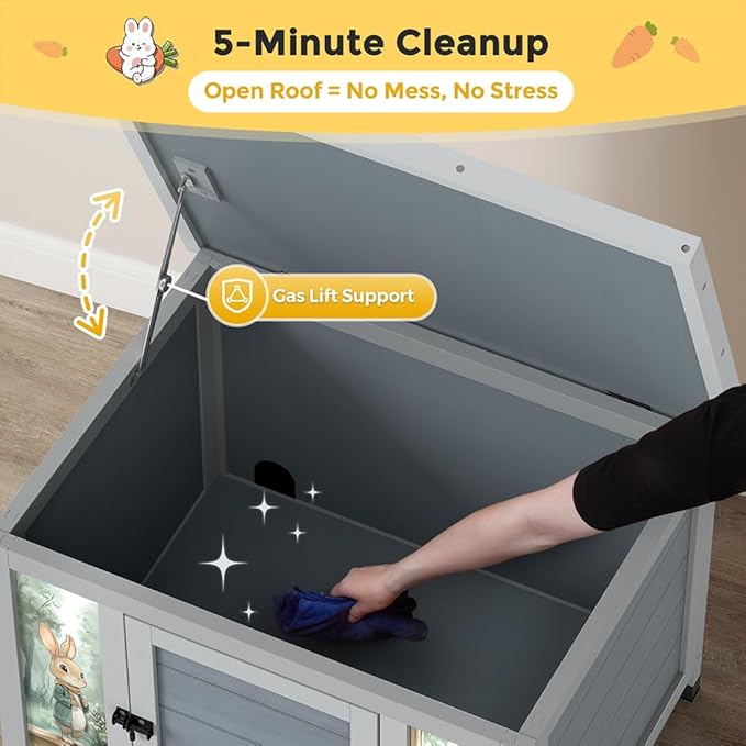 COZIWOW 24in Wooden Cat House Outdoor & Indoor Pet Shelter with Foldable Ramp - Weatherproof Rabbit Hutch with Unique Machine-Printed Art Designs for Cat, Rabbit, Guinea Pig (Grey)-Mewly Pet