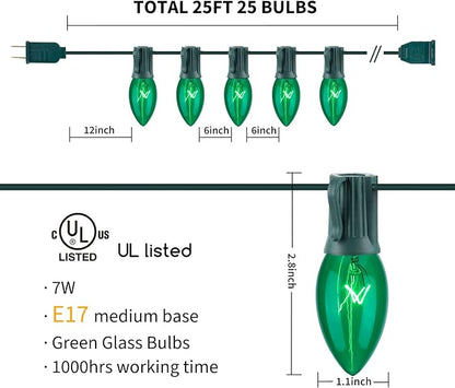 C9 Christmas String Light Green, 25ft Vintage Christmas Tree Lights, Outdoor Roofline String Lights with 25+2 Green Bulbs for Patio Garden Holiday Indoor Home Xmas Decoration, Green Wire