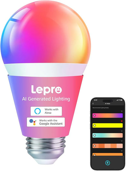 Lepro B1 AI Smart Light Bulbs - RGBWW Color Changing LED Bulb Works with Alexa & Google Assistant, AI Voice Control, Music Sync, A19 E26 Base, 8.5W 800Lumen, 2.4GHz WiFi & Bluetooth, 1 Pack（NO Remote