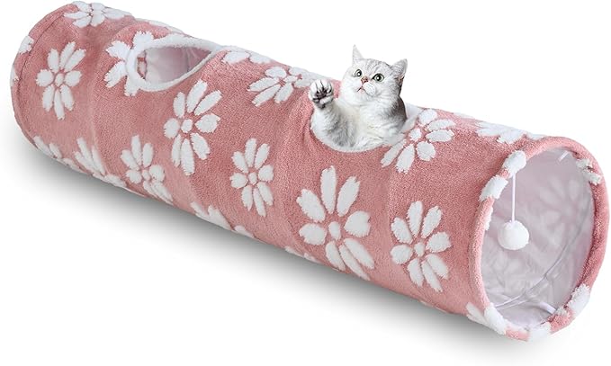 Straight Cat Tunnel for Indoor Cats 47"x12", Cute Cat Toys Collapsible Tunnel Tube with Balls for Puppy Kitten Rabbit, Pink Flower-Mewly Pet