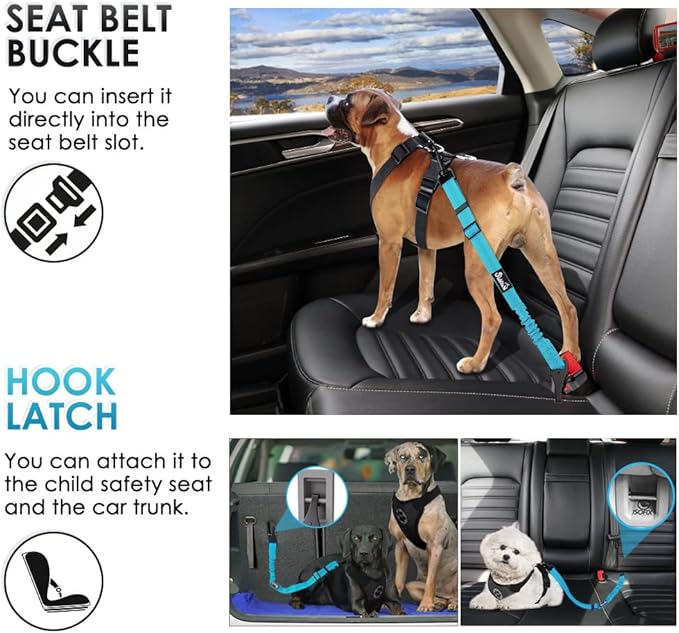 SlowTon Dog Seat Belt, Adjustable Dog Safety Belt Leash, 2 in 1 Latch Bar Attachment Dogs Car Seatbelt with Elastic Nylon Bungee Buffer, Reflective Nylon Belt Tether (TB,35.5in)-Mewly Pet