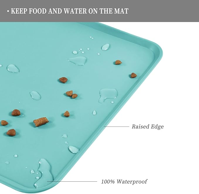 Waterproof Pet Feeding Mat with High Raised Edges, Heavier and Thicker Placemats for Cat Dog Water Bowl with BPA Free, Dogs Cats Food Mats for Messy Drinkers to Prevent Spill and Protect Floors-Mewly Pet
