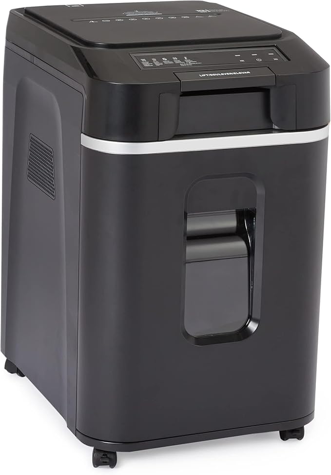 Amazon Basics 200-Sheet Auto Feed Cross Cut Paper Shredder with Pullout Basket, Black-Mewly Pet