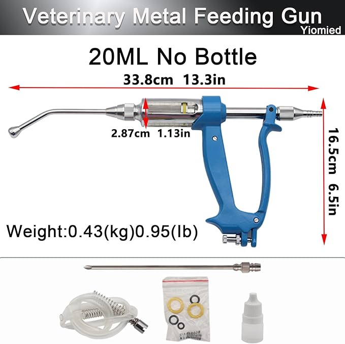 20ML Veterinary Metal Feeding Gun, Continuous Drench Gun Dosing Device Veterinary Adjustable Medicine Dispenser Husbandry Autonomous Feeding Tool, for Pig Cow, Sheep, Horse (Blue, 20ML No Bottle)-Mewly Pet