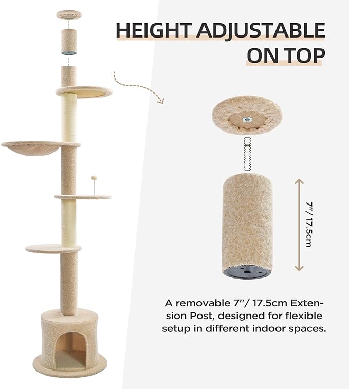 Made4Pets Floor to Ceiling Cat Tree 93-106'',Tall Cat Tower 5 Tiers, Adjustable Height, Stable Cat Tree Tower with Scratching Posts, Fluffy Condo, Hammock and Ball Toy for Indoor Cats/Kitten, Beige-Mewly Pet