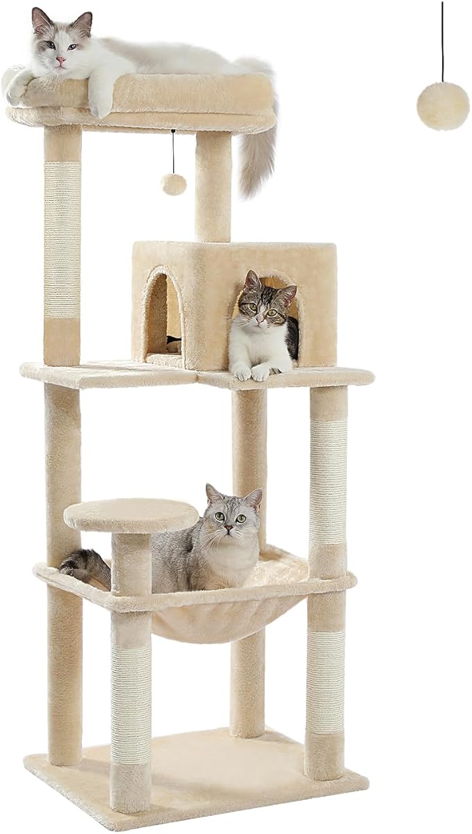 Cat Tree for Large Cats Adult with Metal Plush Big Hammock, 56.3" Cat Tower with 2 Door Condo House, 6-Tier Cat Shelves with Scratching Posts and Large Top Perch, Beige-Mewly Pet