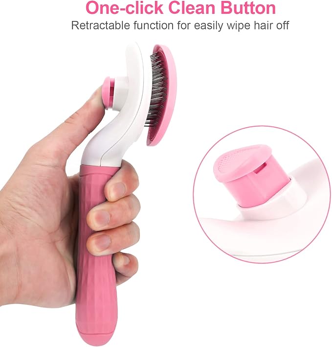 Depets Self Cleaning Slicker Brush, Dog Cat Bunny Pet Grooming Shedding Brush - Easy to Remove Loose Undercoat, Pet Massaging Tool Suitable for Pets with Long or Short Hair Pink-Mewly Pet