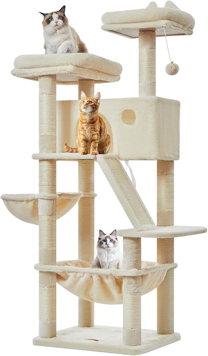 Taoqimiao Cat Tree 57.5-Inch, Cat Tower for Indoor Cats Large Adult, Extra Large Cat Condo, 8 Sisal Scratching Posts, Metal Frame Cozy Hammock, Durable Scratch Board, 2 Top Perches, Beige MS026M-Mewly Pet