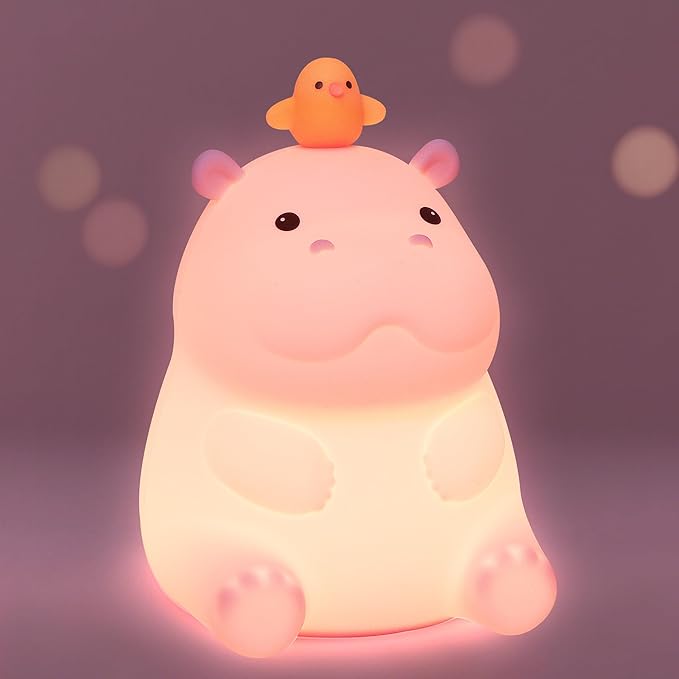 Cute Hippo Gifts for Kids,Pink Hippo Night Light, Dimmable Silicone Animal Nursery Night Light, Adorable Rechargeable Squishy Touch Lamp, Hippopotamus Gifts for Boys Girl Baby Room Decor