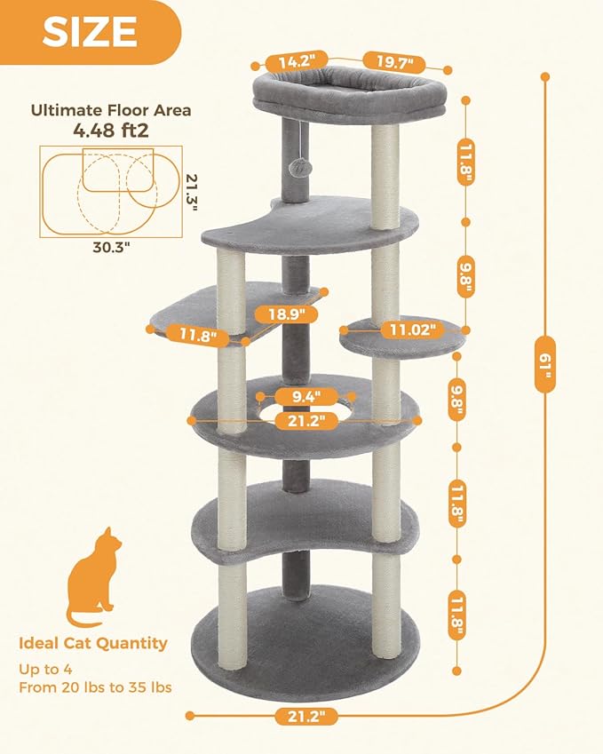 PETEPELA 61" Cat Tree for Indoor Cats, [6-Levels] Cat Climbing Tower with 9 Sisal Scratching Posts and Replaceable Dangling Ball &Top Perch, Grey-Mewly Pet