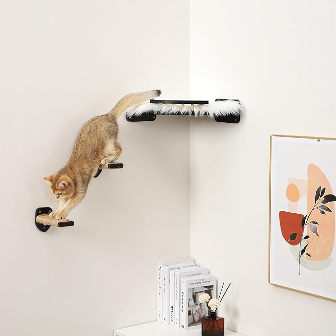 3 Pcs Cat Steps and Perches for Wall, Climbing Shelf With Hemp Rope, Wall-Mounted Furniture Set With Scratching Pads for Playing (Black)-Mewly Pet