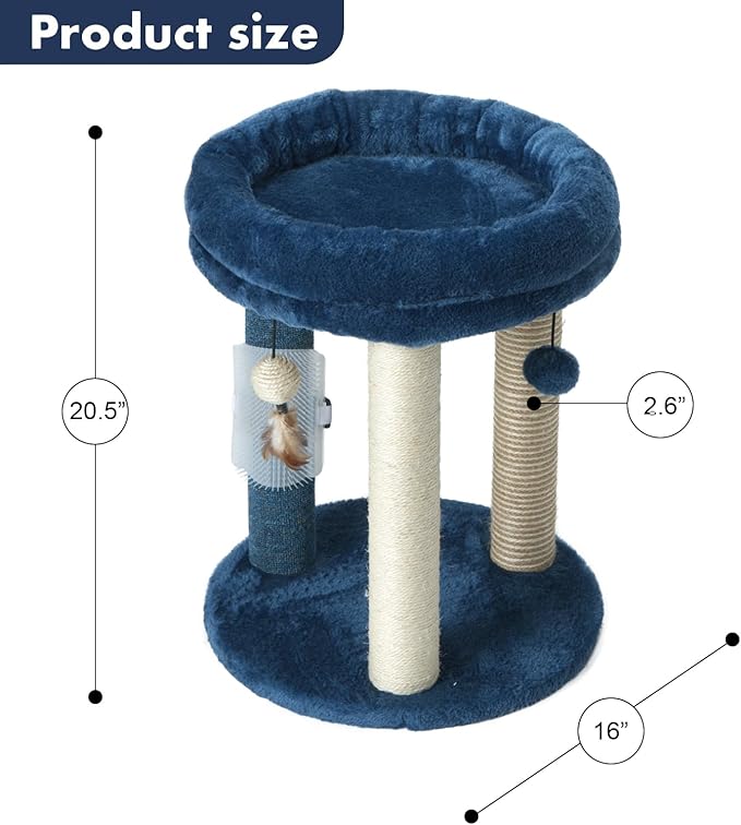 MECOOL Cat Scratching Post Tree with Tower Soft Bed.Natural Quality Sisal Carpet Jute Scratch Posts with Three Hanging Ball Toys and Massage Brush for Indoor Cats and Kittens Blue-Mewly Pet